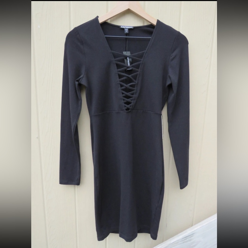 Express Black Long Sleeve Lace-Up Dress